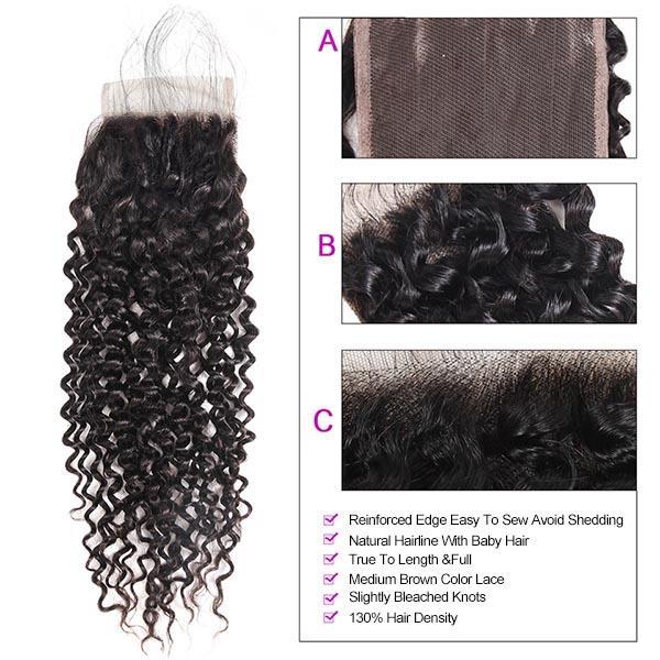 Peruvian Curly Human Hair Bundles with 4x4 Lace Closure, 4 Bundles