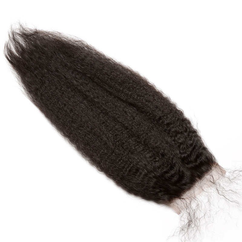 Natural Color Kinky Straight Human Hair Bundles with Lace Closure, 3 Bundles