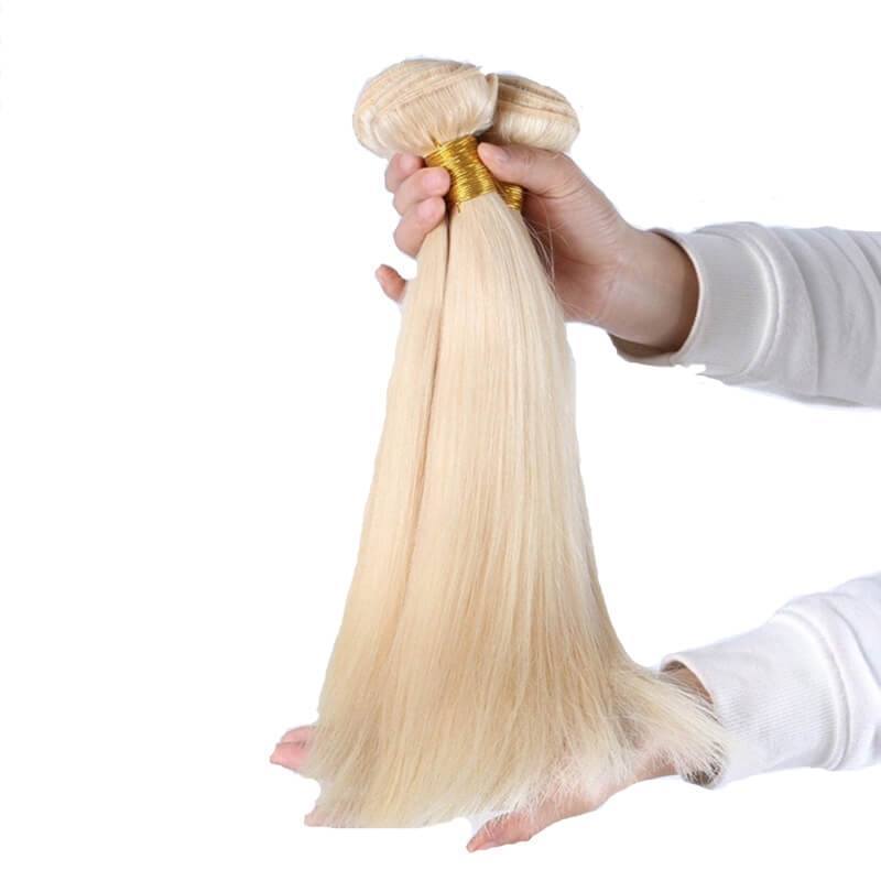 613 Blonde Straight Human Hair Bundles with 4x4 Lace Closure, 3 Bundles