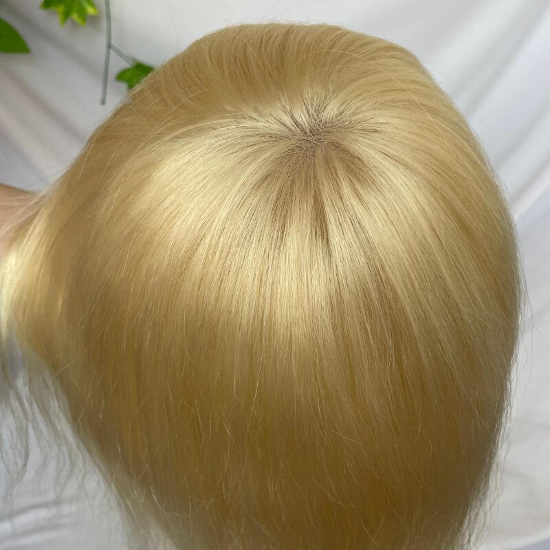 Long Human Hair Wigs Men's Toupee Blonde Color Full Skin Pu Base  12 Inch for Men and Women Natural Hairline Silky Straight Wave 8x10 613 Blonde Color Skin Base Hair Stystem