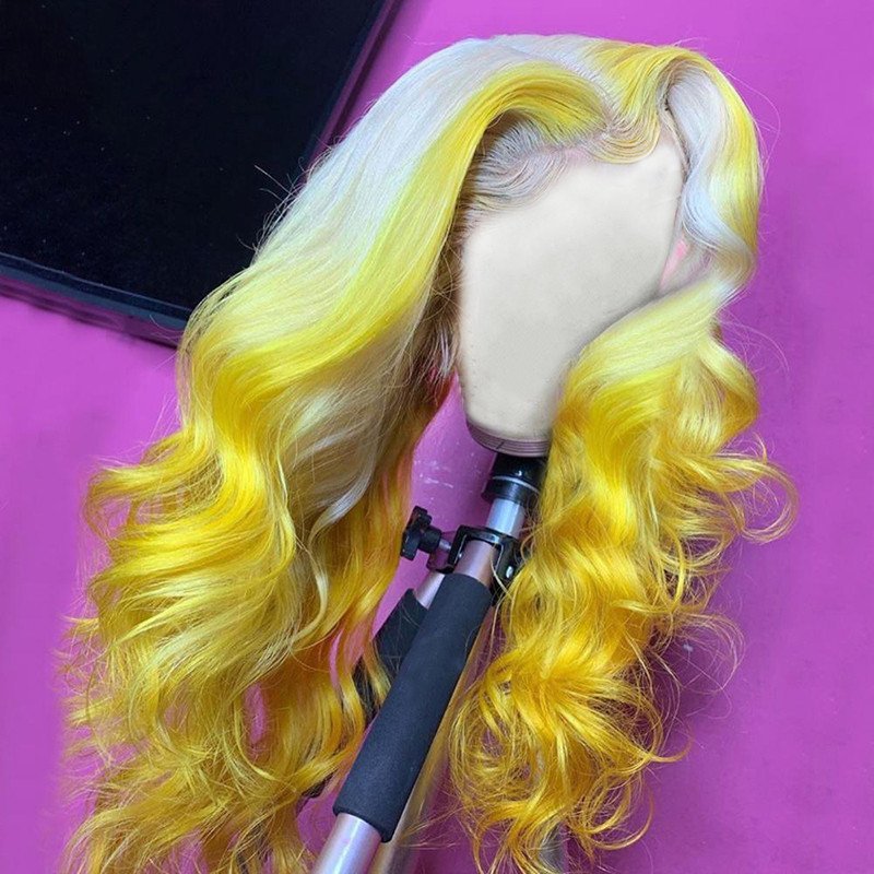Ombre Grey Yellow Wig Human Hair Brazilian Body Wave Wig Remy Hair Ombre Colored Human Hair Wigs For Women Transparent Lace Wigs