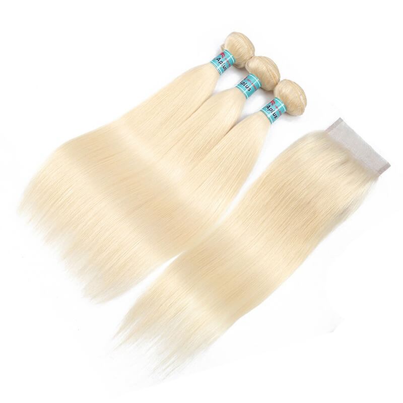 613 Blonde Straight Human Hair Bundles with 4x4 Lace Closure, 3 Bundles