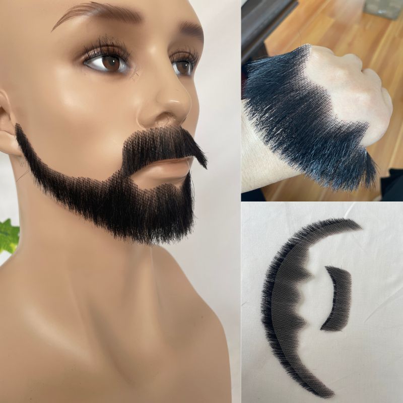 Human Hair Straight Fake Beard Swiss Lace Face Beard And Moustache Real Handmade Light Beard For Men Invisible Beard Realistic Makeup Swiss Lace Base Replace System 1B