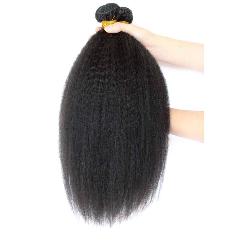 Natural Color Kinky Straight Human Hair Bundles with Lace Closure, 3 Bundles
