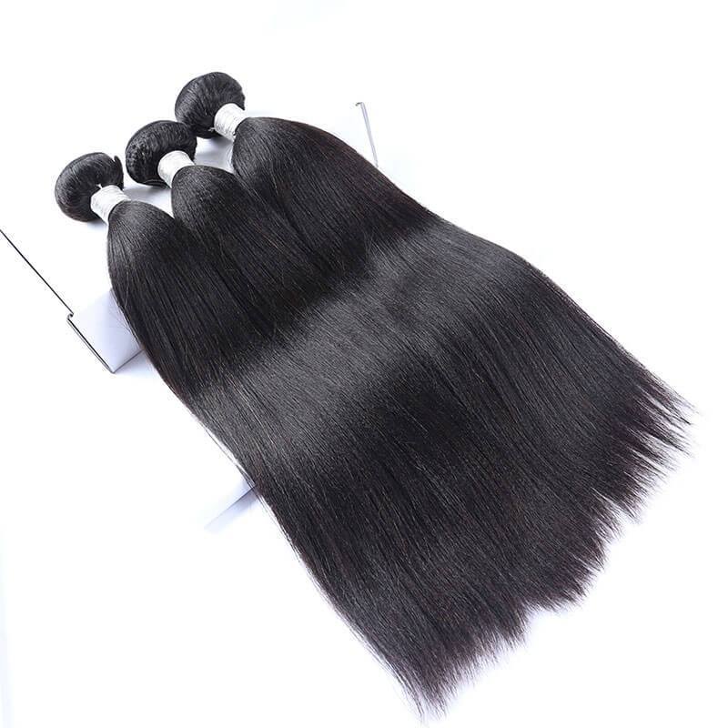 Human Hair Yaki Straight Hair Weave Natural Color 3 Bundles