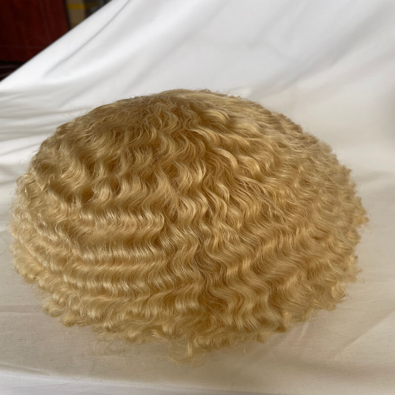 Full Swiss Lace Afro Curly 613# Men's Toupee Hair System Color African American Wigs Human Hair 10x8inch Toupee For Men Human Hair
