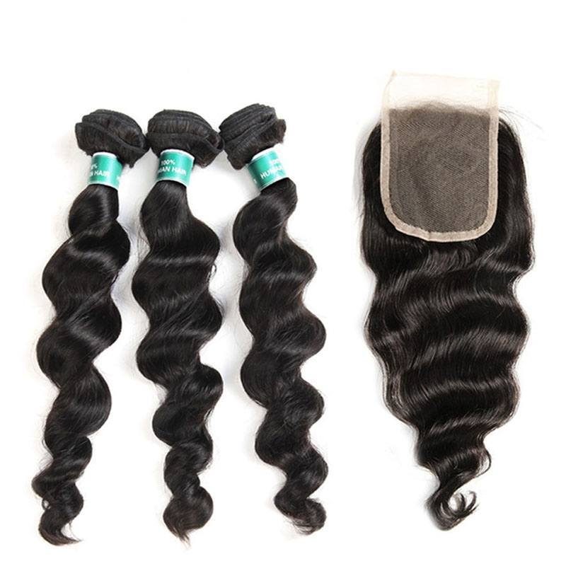 Loose Wave Human Hair Bundles with Lace Closure, 4 Bundles