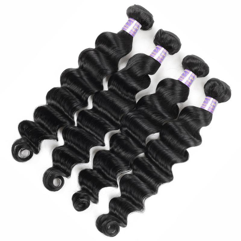 Loose Deep Wave Human Hair Bundles with 4x4 Lace Closure, 4 Bundles