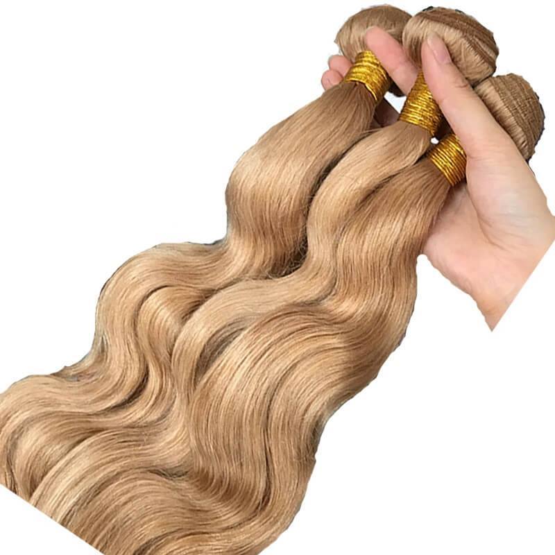 Honey Blonde Body Wave Human Hair Bundles with 13x4 Lace Frontal, 3 Bundles