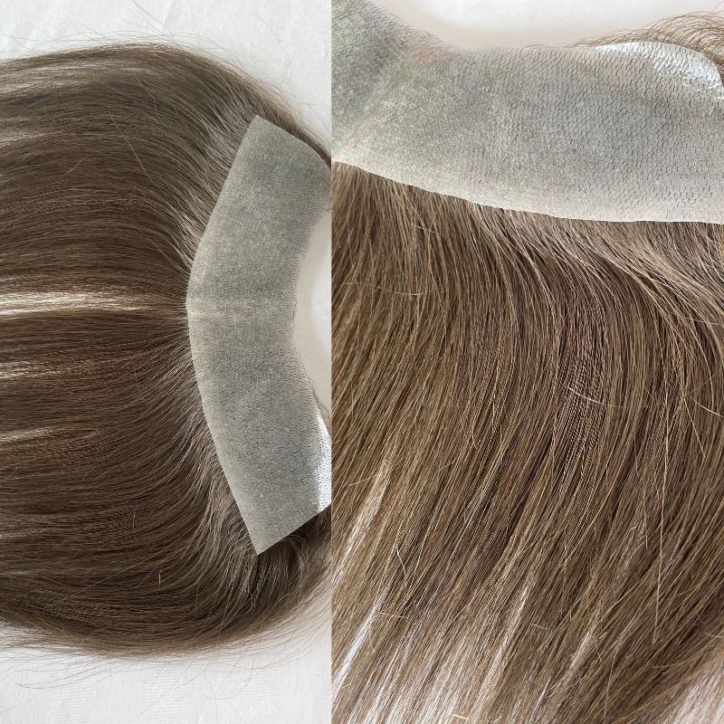 Men's PU Human Hair Hairline 100% Real Human Hair V Loop Frontal Toupee Pu Thin Skin Male Replacement 4# Brown Color