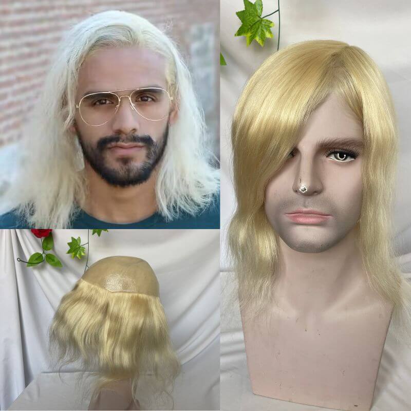 Long Human Hair Wigs Men's Toupee Blonde Color Full Skin Pu Base  12 Inch for Men and Women Natural Hairline Silky Straight Wave 8x10 613 Blonde Color Skin Base Hair System