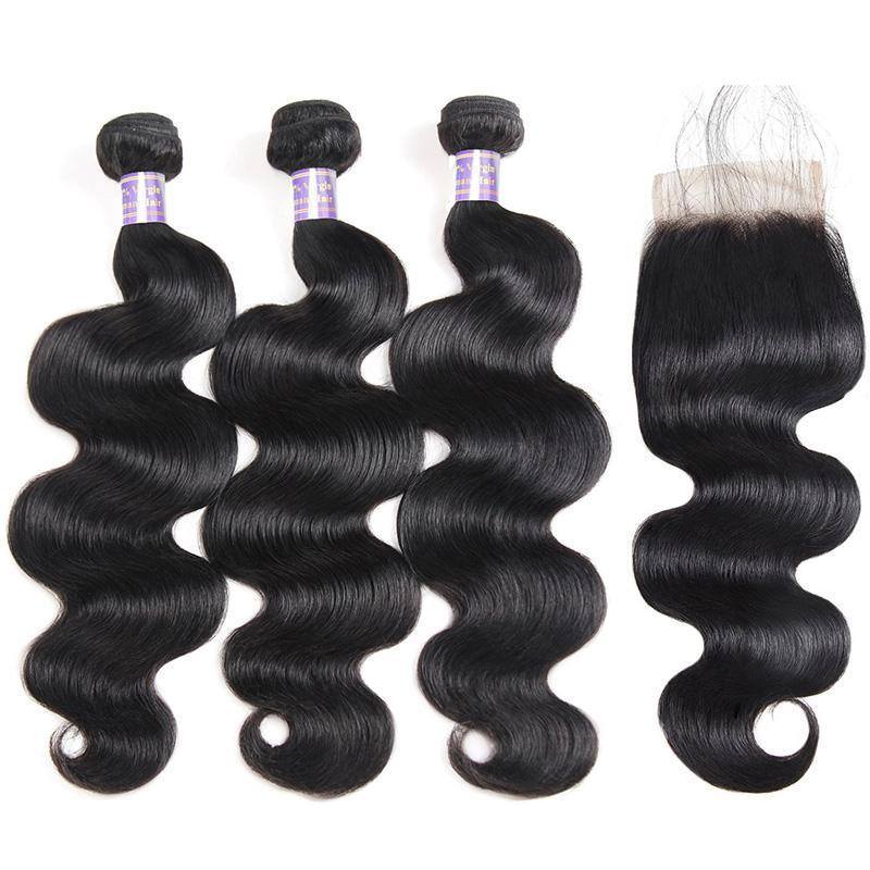 Human Hair Body Wave 3 Bundles with 4x4 Inch Lace Closure