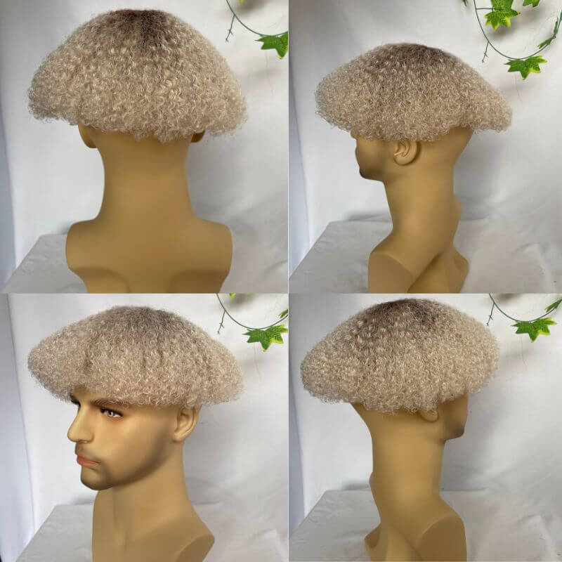 Full Swiss Lace Afro Curly 4mm 6mm  Ombre 60 White Color  Men's Toupee Hair System Color African American Wigs Human Hair 10x8inch Toupee For Men Human Hair