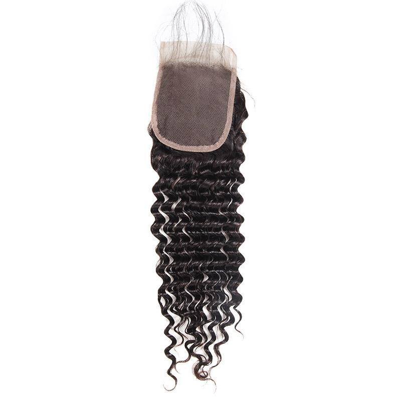 Peruvian Deep Wave Human Hair Bundles with 4x4 Lace Closure, 3 Bundles