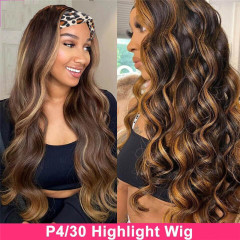 Color #4 Body Wave Headband Human Hair Wig, Ombre, Highlight