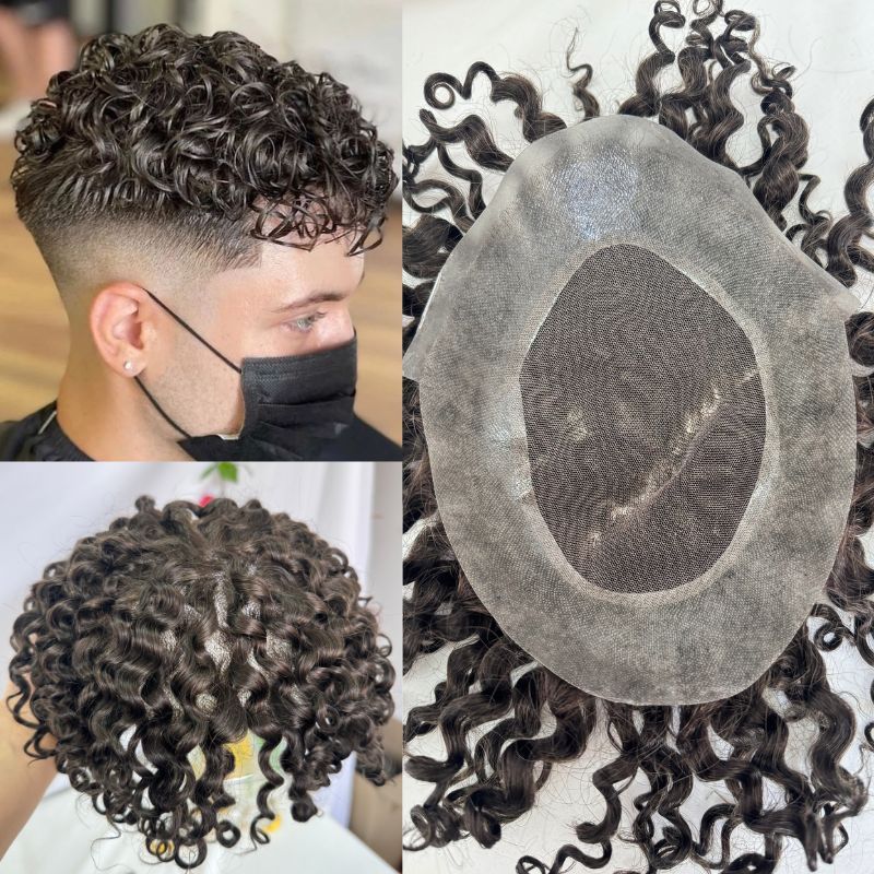 Curly Men's Toupee Mono Lace Top with PU Around  2# Dark Brown 100%  Human Hair Piece Natural Hairline Hair System 8x10 Hair Replacement