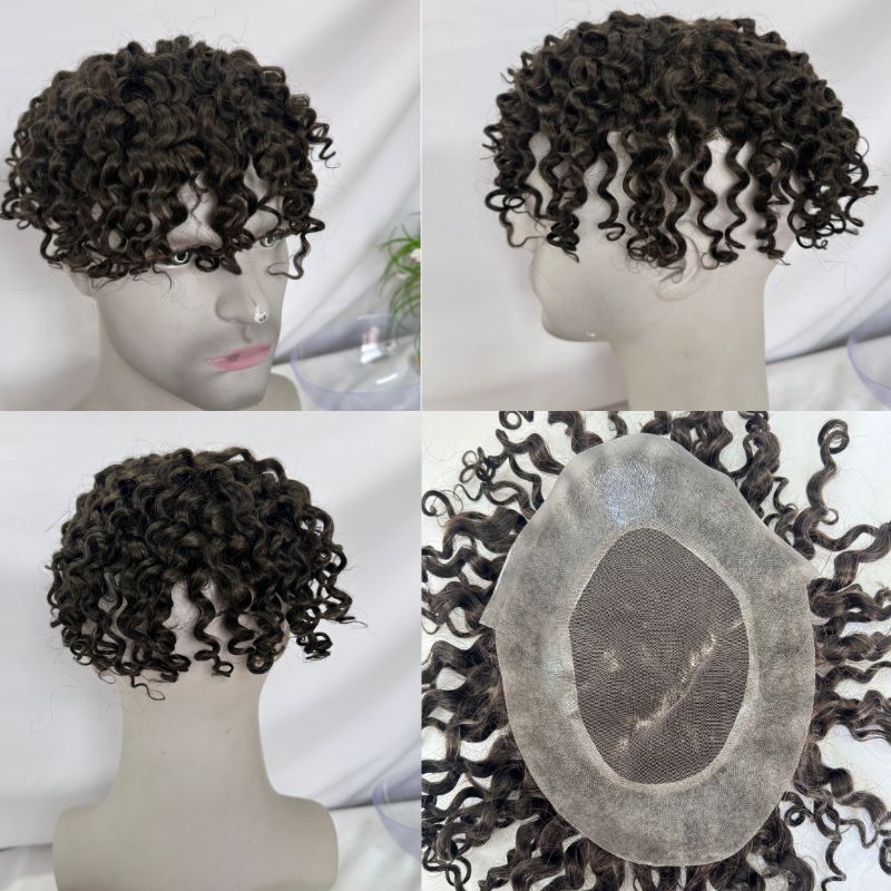 Curly Men's Toupee Skin PU with Soft Swiss Lace 2# Dark Brown 100%  Human Hair Piece Natural Hairline Hair System 8x10 Hair Replacement