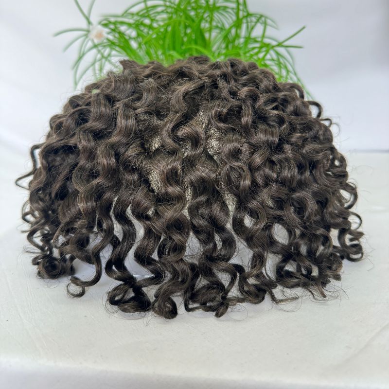 Curly Men's Toupee Skin PU with Soft Swiss Lace 2# Dark Brown 100%  Human Hair Piece Natural Hairline Hair System 8x10 Hair Replacement