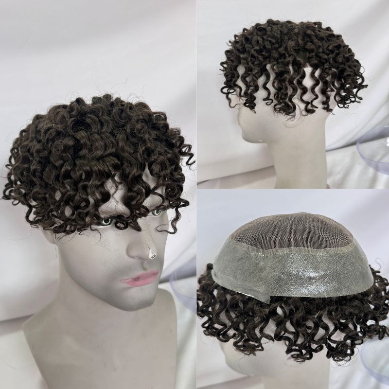 Curly Men's Toupee Skin PU with Soft Swiss Lace 2# Dark Brown 100%  Human Hair Piece Natural Hairline Hair System 8x10 Hair Replacement