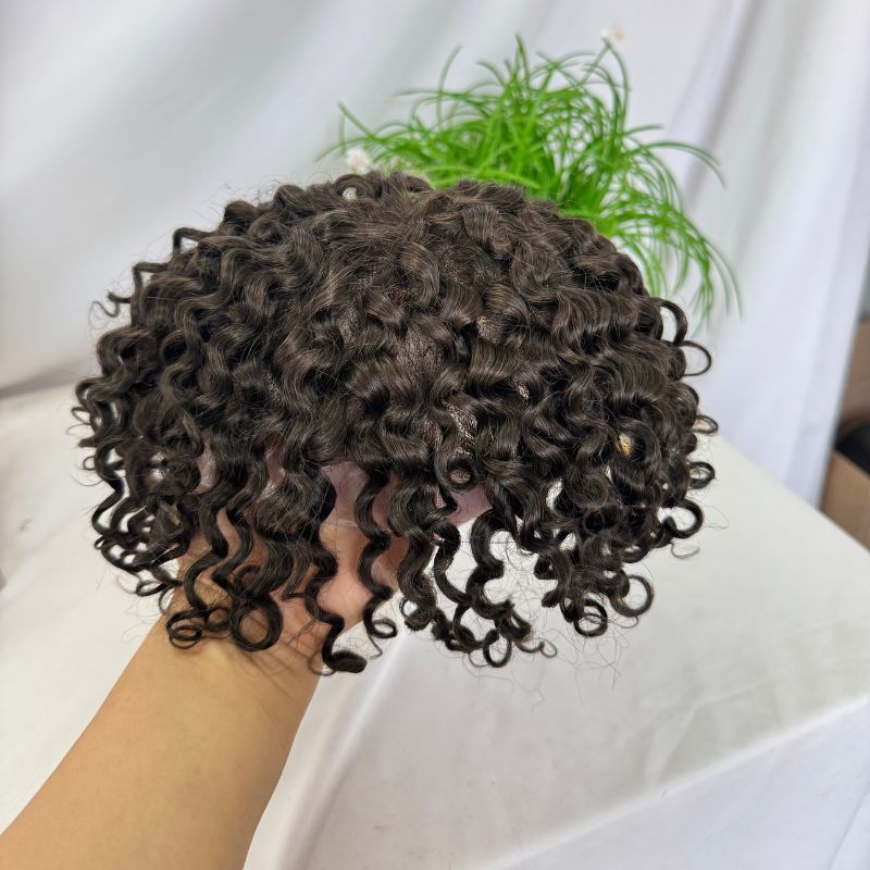 Curly Men's Toupee Skin PU with Soft Swiss Lace 2# Dark Brown 100%  Human Hair Piece Natural Hairline Hair System 8x10 Hair Replacement