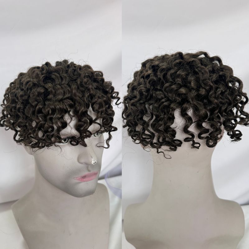 Curly Men's Toupee Skin PU with Soft Swiss Lace 2# Dark Brown 100%  Human Hair Piece Natural Hairline Hair System 8x10 Hair Replacement