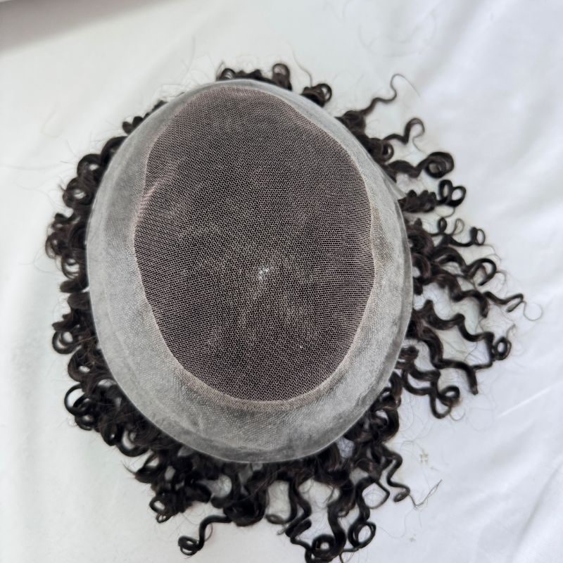 Curly Men's Toupee Skin PU with Soft Swiss Lace 2# Dark Brown 100%  Human Hair Piece Natural Hairline Hair System 8x10 Hair Replacement
