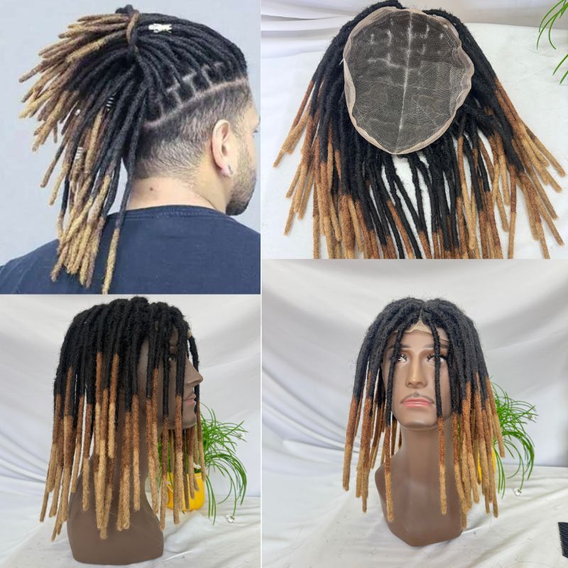 Men’s Human Hair Dreadlock Toupee with Loc Extensions, Swiss Lace Base, Ombre 1BT30T27, 8x10 Inch, 8/10/12 Inch Lengths
