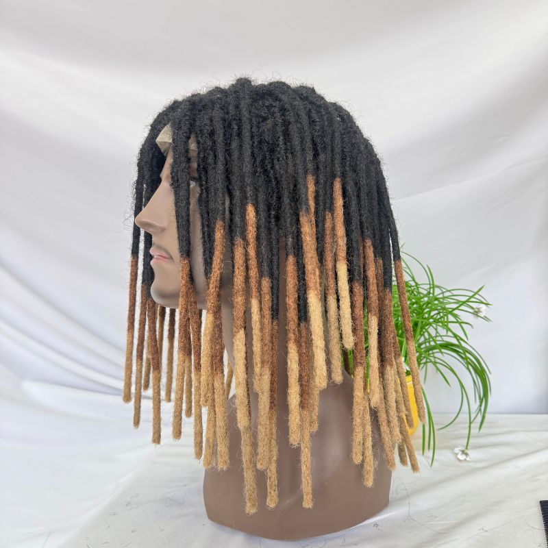 Men’s Human Hair Dreadlock Toupee with Loc Extensions, Swiss Lace Base, Ombre 1BT30T27, 8x10 Inch, 8/10/12 Inch Lengths
