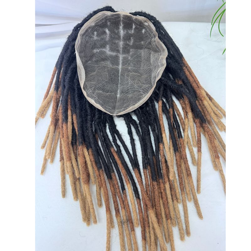 Men’s Human Hair Dreadlock Toupee with Loc Extensions, Swiss Lace Base, Ombre 1BT30T27, 8x10 Inch, 8/10/12 Inch Lengths