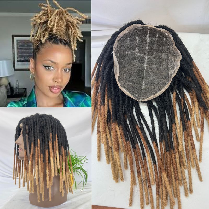 Women’s Human Hair Dreadlock Hair System with Loc Extensions, Swiss Lace Toupee, Ombre 1BT30T27, 8x10 Inch Base, 8/10/12 Inch Lengths
