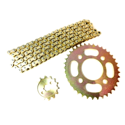 Motorcle chains and sprocket kits in gold colour