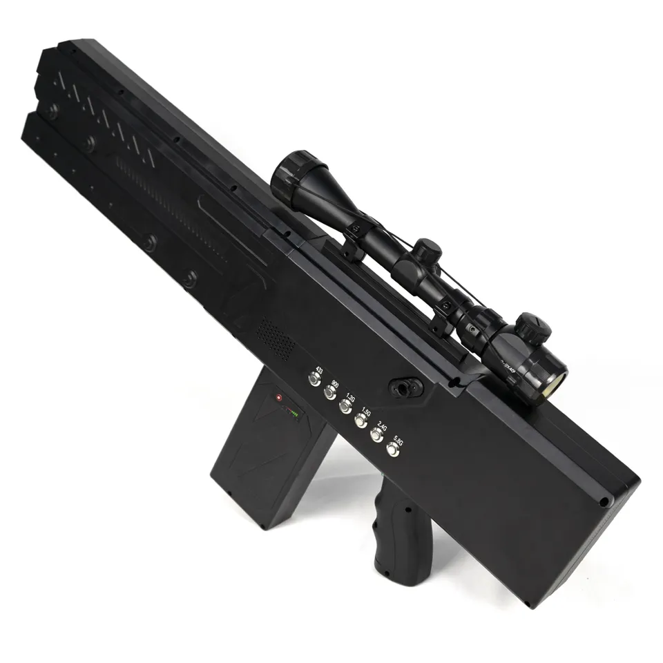 Customizable Anti-Drone Gun with 6 or 8 Frequency Bands, 410MHz–5900MHz Coverage, Forced Landing, Return-to-Home and Video Link Cut-Off Functions, 1000–2000m Jamming Range, 180W High Power Output for Tactical Drone Defense