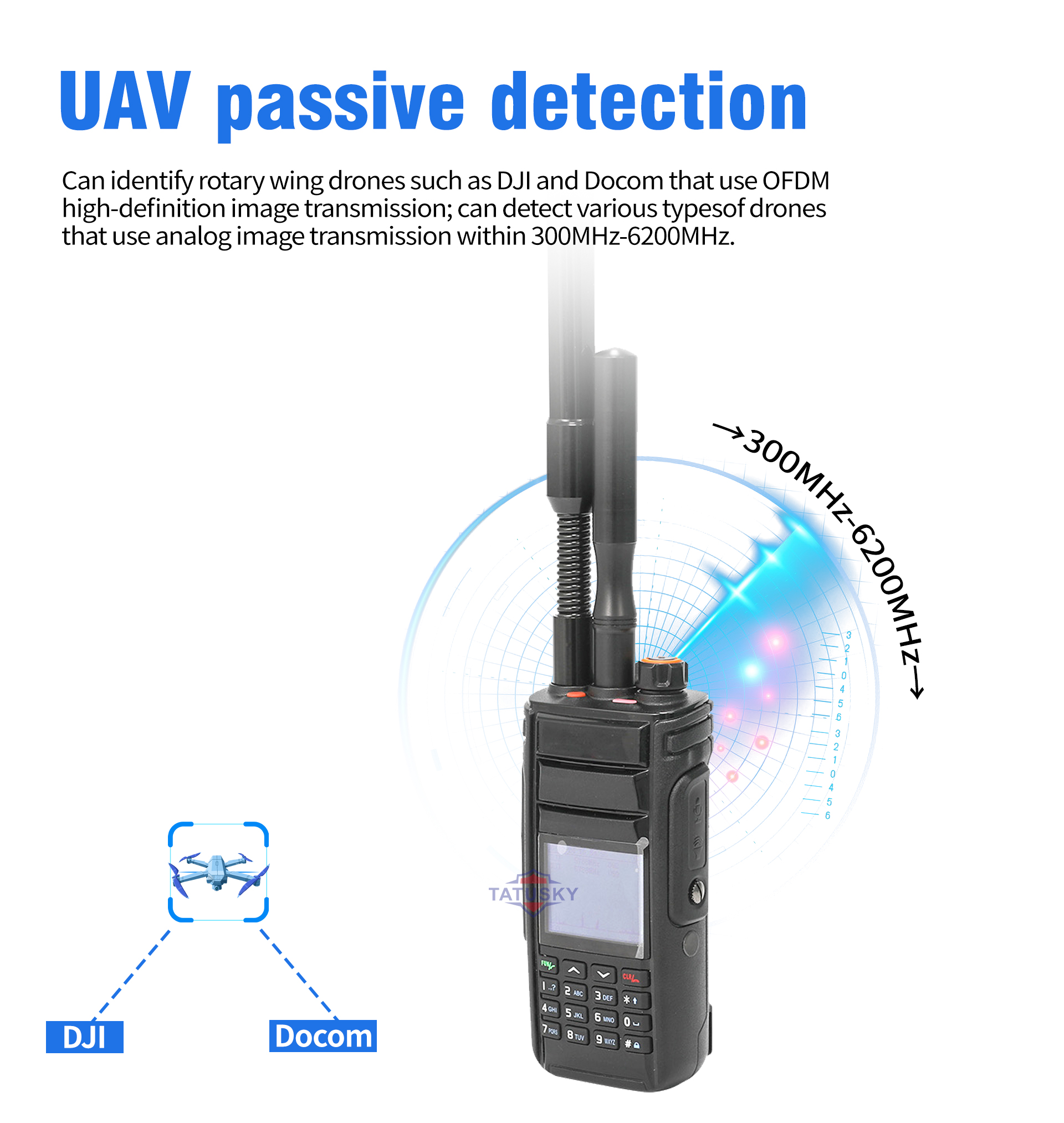 Handhled Drone Detector with Multi Channel Scanning 300MHz-6200MHz for OFDM Digital and FM Analog Video Transmission UAV Detection 1km Range with Headphone Alarm and USB Log Export
