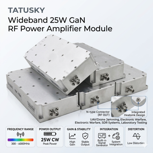 25W GaN RF Power Amplifier Module 300-6000MHz Wideband Signal Amplifier High Gain Low Distortion Metal Package N Type Connector Built-in Signal Generator Stable Output for RF System Integration