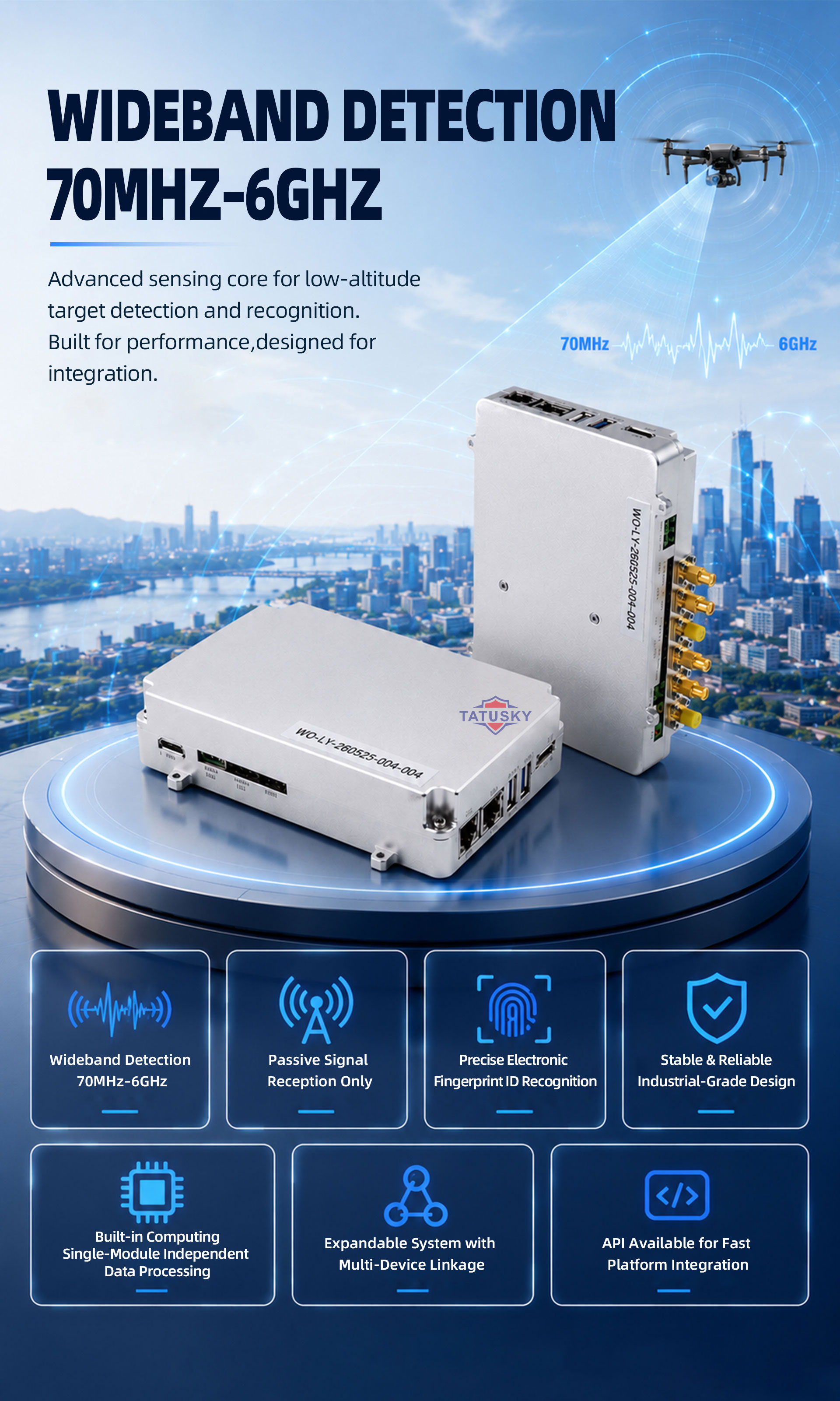 100MHz-6000MHz Passive Drone Detection Module with Built-in Computing Unit, 70MHz-6GHz Wide Band Coverage, Accurate Fingerprint ID Identification for DJI, AUTEL, DIY Drones