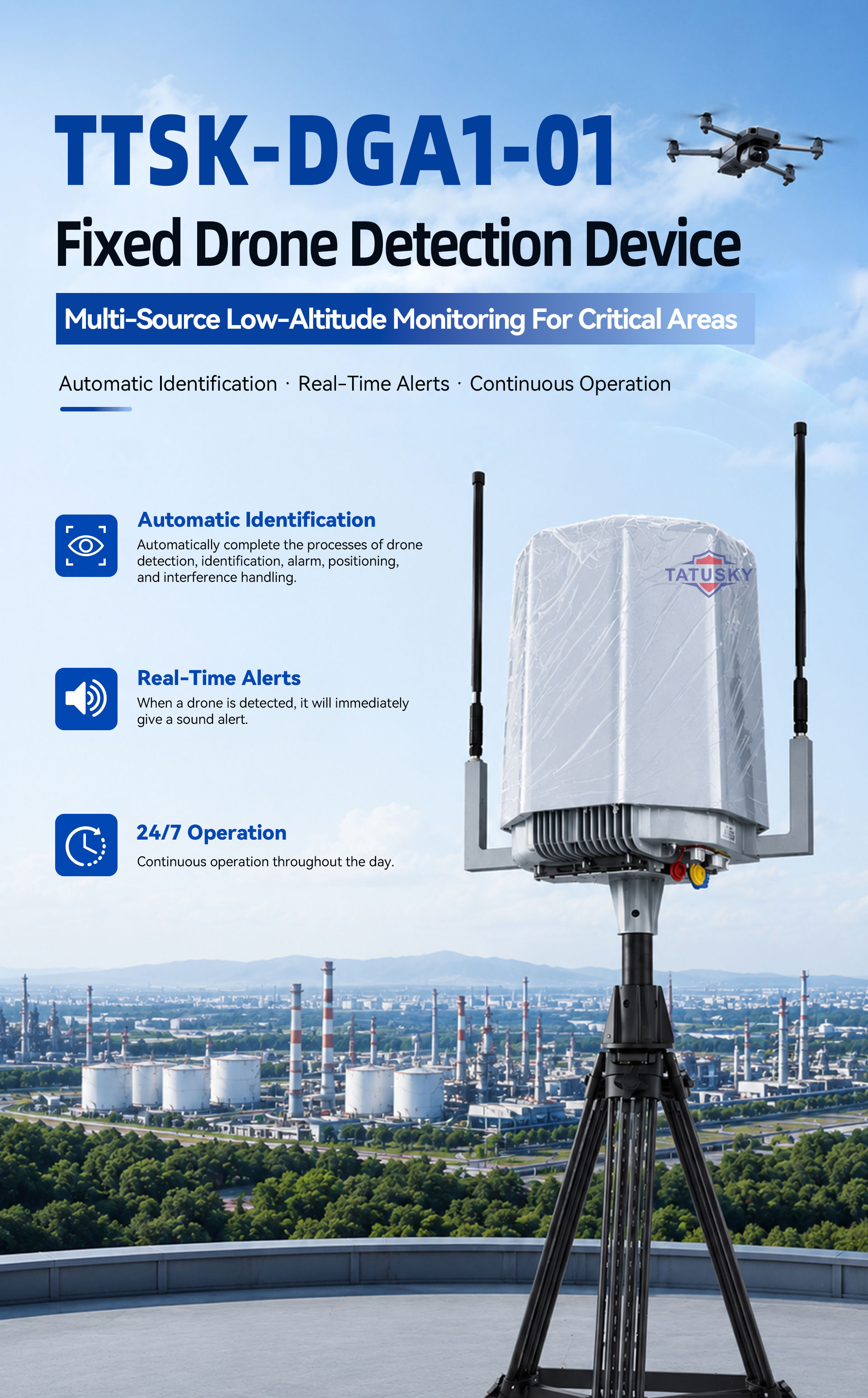 DGA1-01 10KM 70MHz-6GHZ Fixed Drone Detection and Remote ID Monitoring System