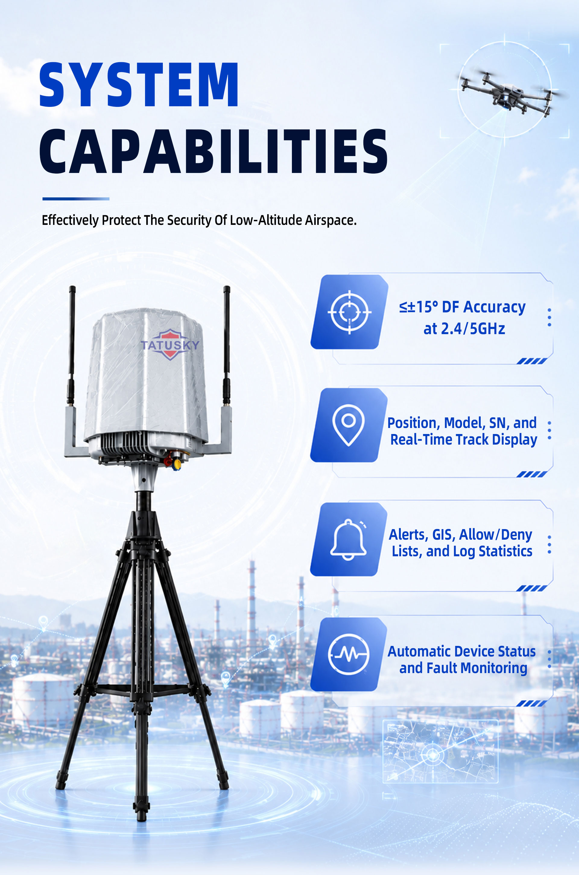 DGA1-01 10KM 70MHz-6GHZ Fixed Drone Detection and Remote ID Monitoring System