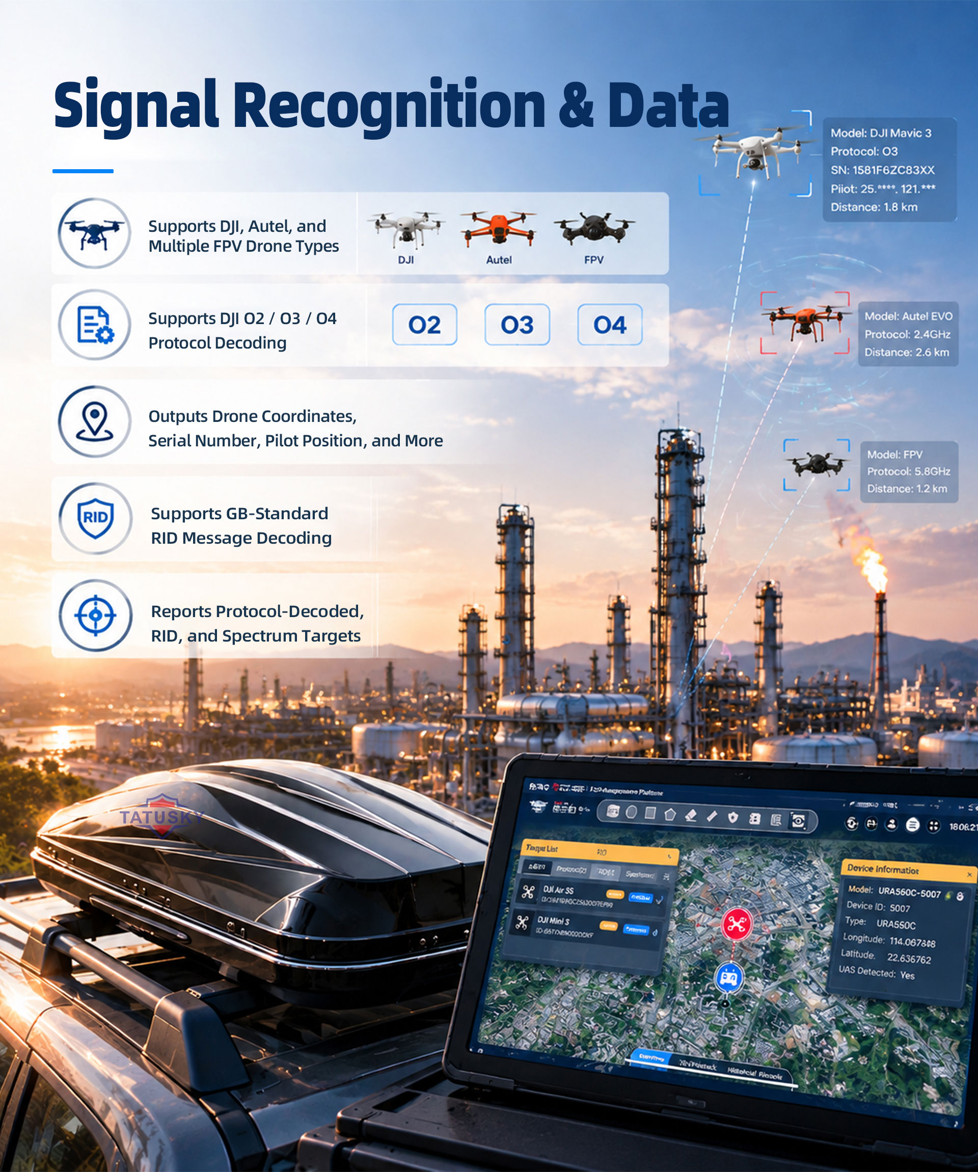 Tatusky DV01 Vehicle-mounted Drone Detection System with Spectrum Detection, RID, Protocol Decoding, Drone and Pilot Positioning, Mobile Monitoring for Anti Drone System