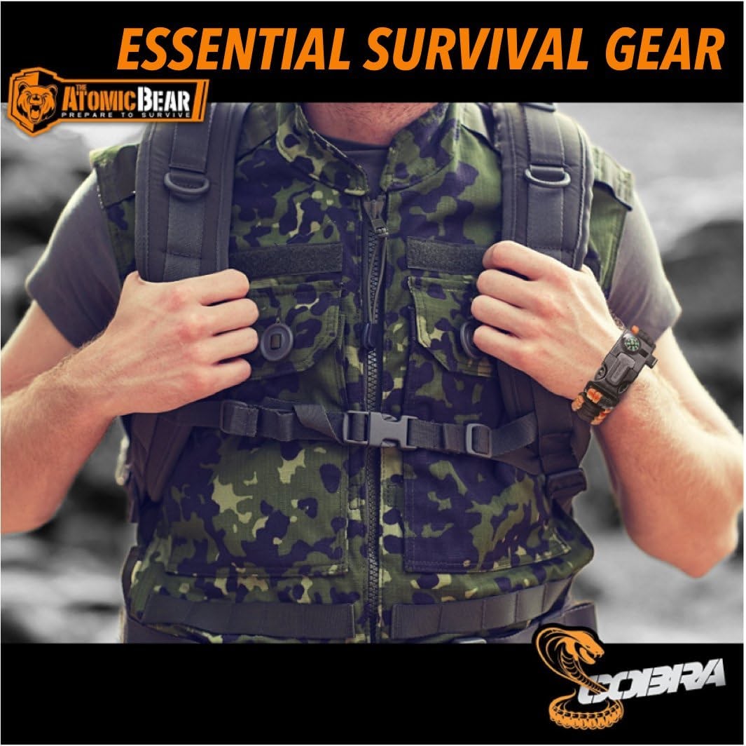 Paracord Bracelet (2 Pack) - Adjustable - Fire Starter - Loud Whistle - Perfect for Hiking, Camping, Fishing and Hunting - Black & Black+Orange