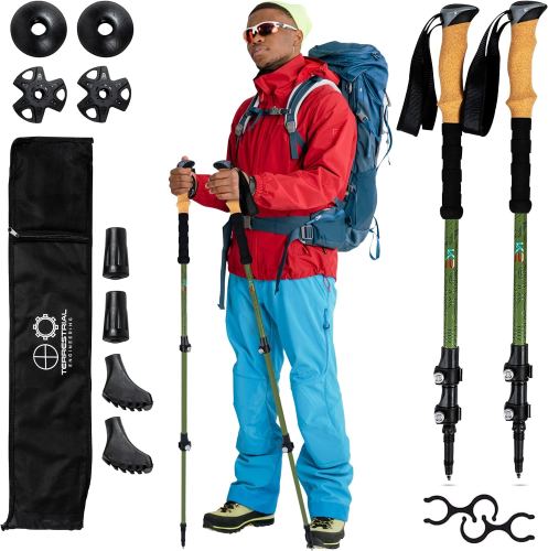 Hiking Poles - Hardened Aerospace-grade aluminum, ultra-tough, lightweight, and compact. Strengthened flip-locks and reinforced tips, twice the strength of steel. Hiking gear designed for explorers.