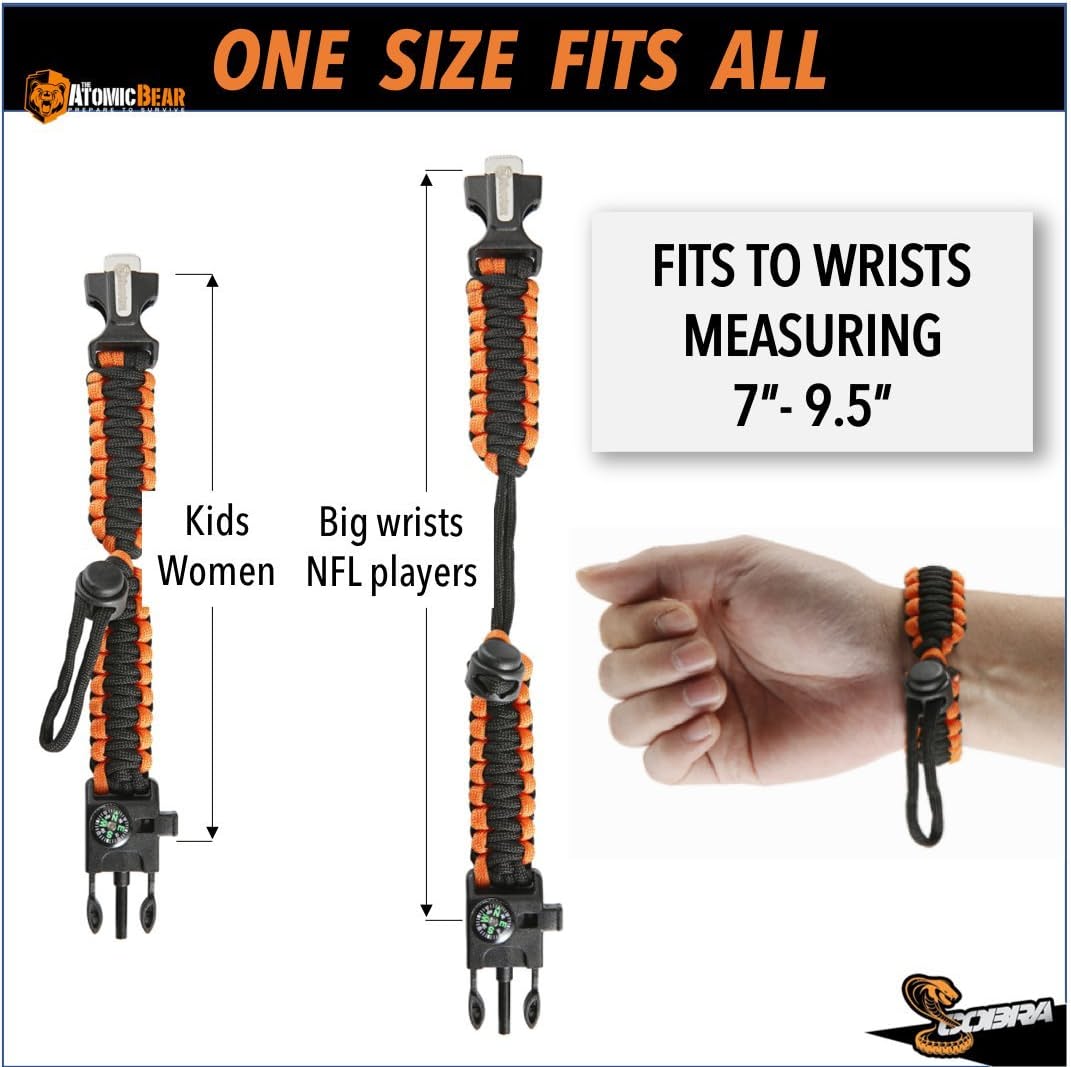 Paracord Bracelet (2 Pack) - Adjustable - Fire Starter - Loud Whistle - Perfect for Hiking, Camping, Fishing and Hunting - Black & Black+Orange