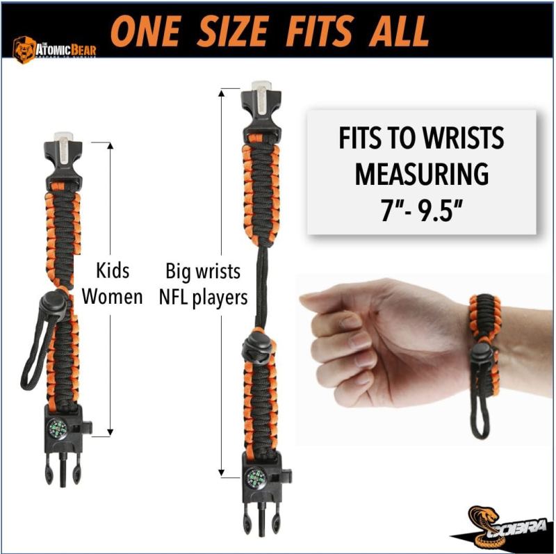 Paracord Bracelet (2 Pack) - Adjustable - Fire Starter - Loud Whistle - Perfect for Hiking, Camping, Fishing and Hunting - Black & Black+Orange