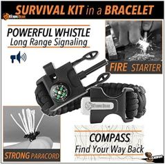 Paracord Bracelet (2 Pack) - Adjustable - Fire Starter - Loud Whistle - Perfect for Hiking, Camping, Fishing and Hunting - Black & Black+Orange