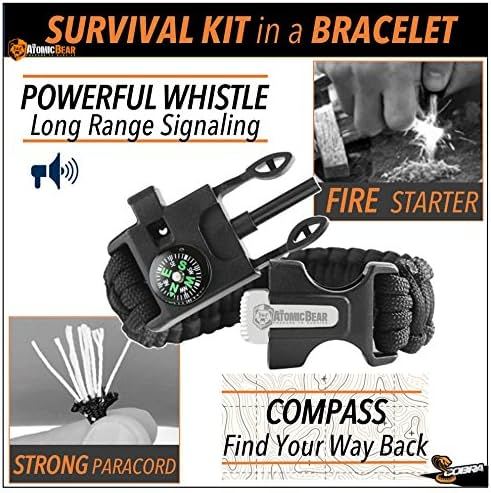 Paracord Bracelet (2 Pack) - Adjustable - Fire Starter - Loud Whistle - Perfect for Hiking, Camping, Fishing and Hunting - Black & Black+Orange
