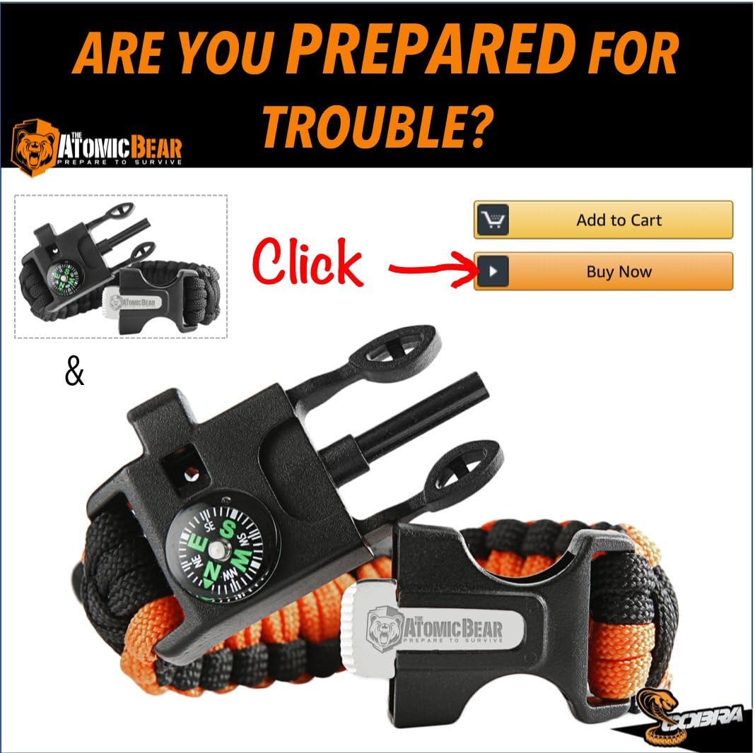 Paracord Bracelet (2 Pack) - Adjustable - Fire Starter - Loud Whistle - Perfect for Hiking, Camping, Fishing and Hunting - Black & Black+Orange