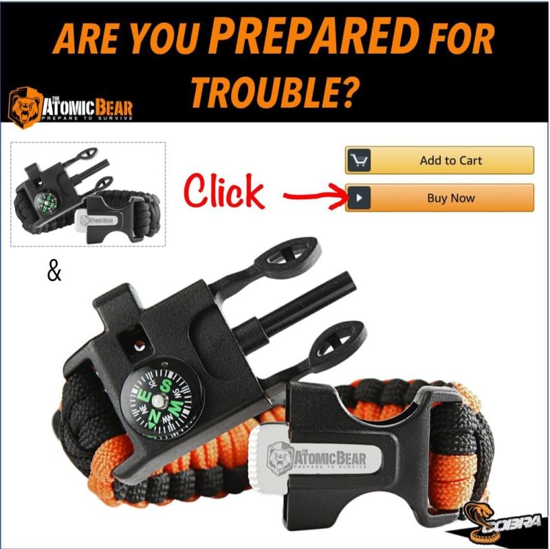 Paracord Bracelet (2 Pack) - Adjustable - Fire Starter - Loud Whistle - Perfect for Hiking, Camping, Fishing and Hunting - Black & Black+Orange