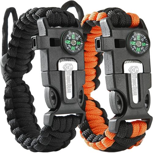 Paracord Bracelet (2 Pack) - Adjustable - Fire Starter - Loud Whistle - Perfect for Hiking, Camping, Fishing and Hunting - Black &amp; Black+Orange