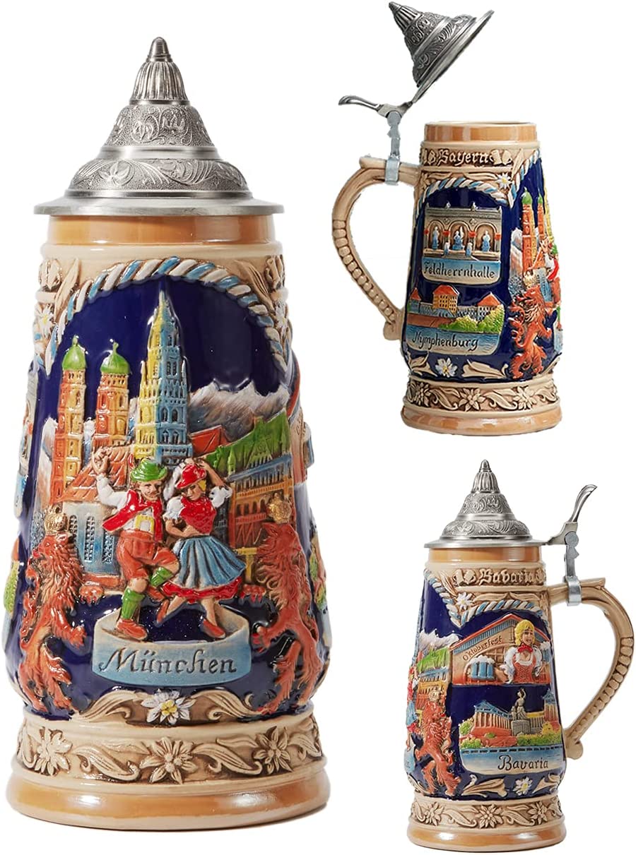 HAUCOZE Beer Stein Mug German Bavarian Drinking Stanley Viking Tankard with  Petwer Lid 0.6Liter 