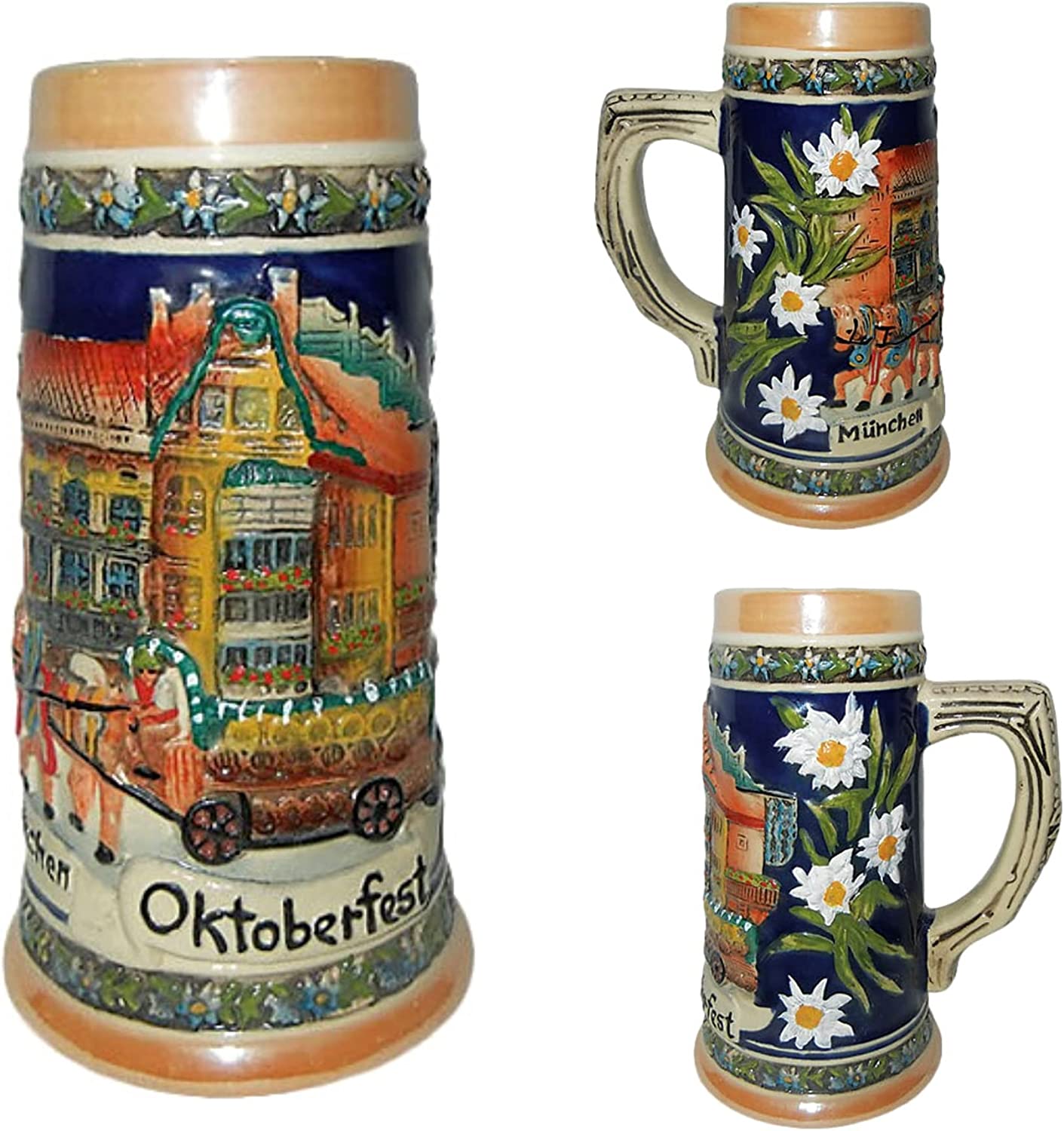 German Street Scene Engraved Ceramic Beer Stein