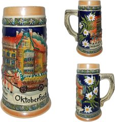 German Street Scene Engraved Ceramic Beer Stein